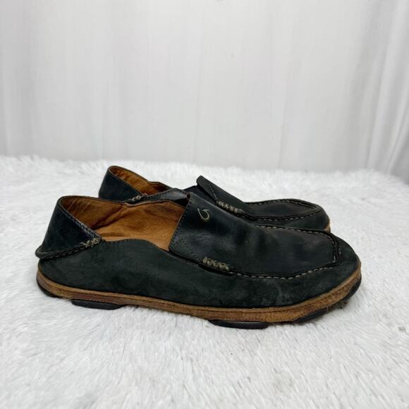 OLUKAI / Moloa black waxed leather slip on loafer shoes / 10 - Picture 3 of 10